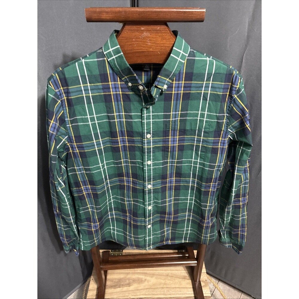 LL Bean Signature Collection Shirt L REG Slim Fit Plaid Green Blue Button Down